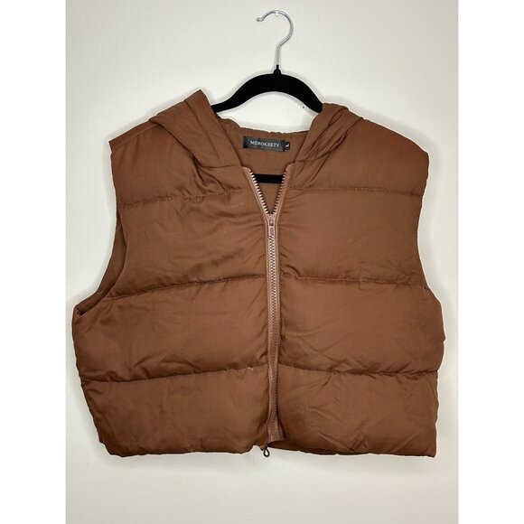 Merokeety Jackets & Blazers - Merokeety brown puffer cropped hooded vest no pockets sinch waist women’s Sz L
